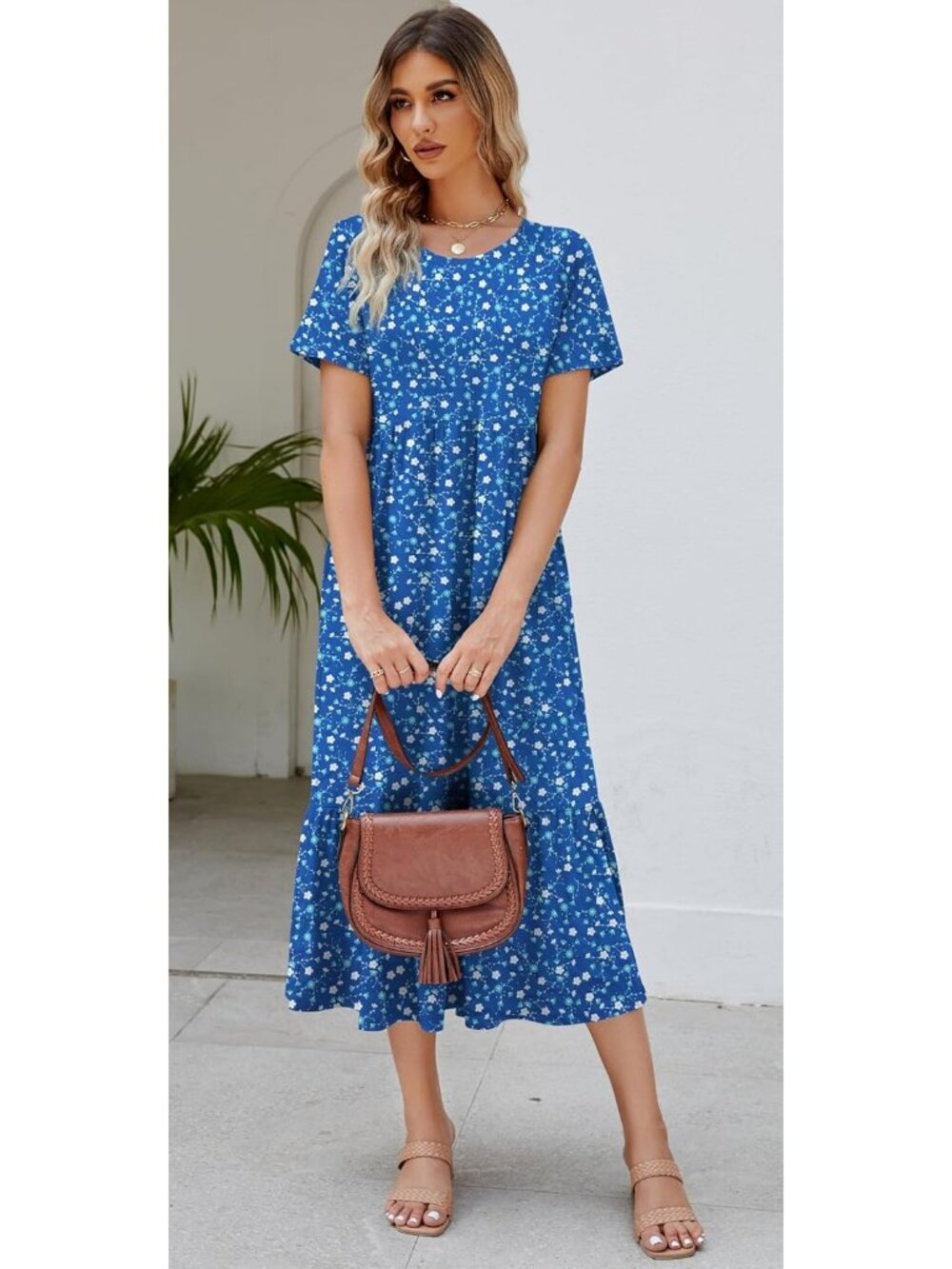 Women's Print Navy  Sundress Short Sleeve Tiered Beach with Pockets Maxi Dress - Picture 3 of 5
